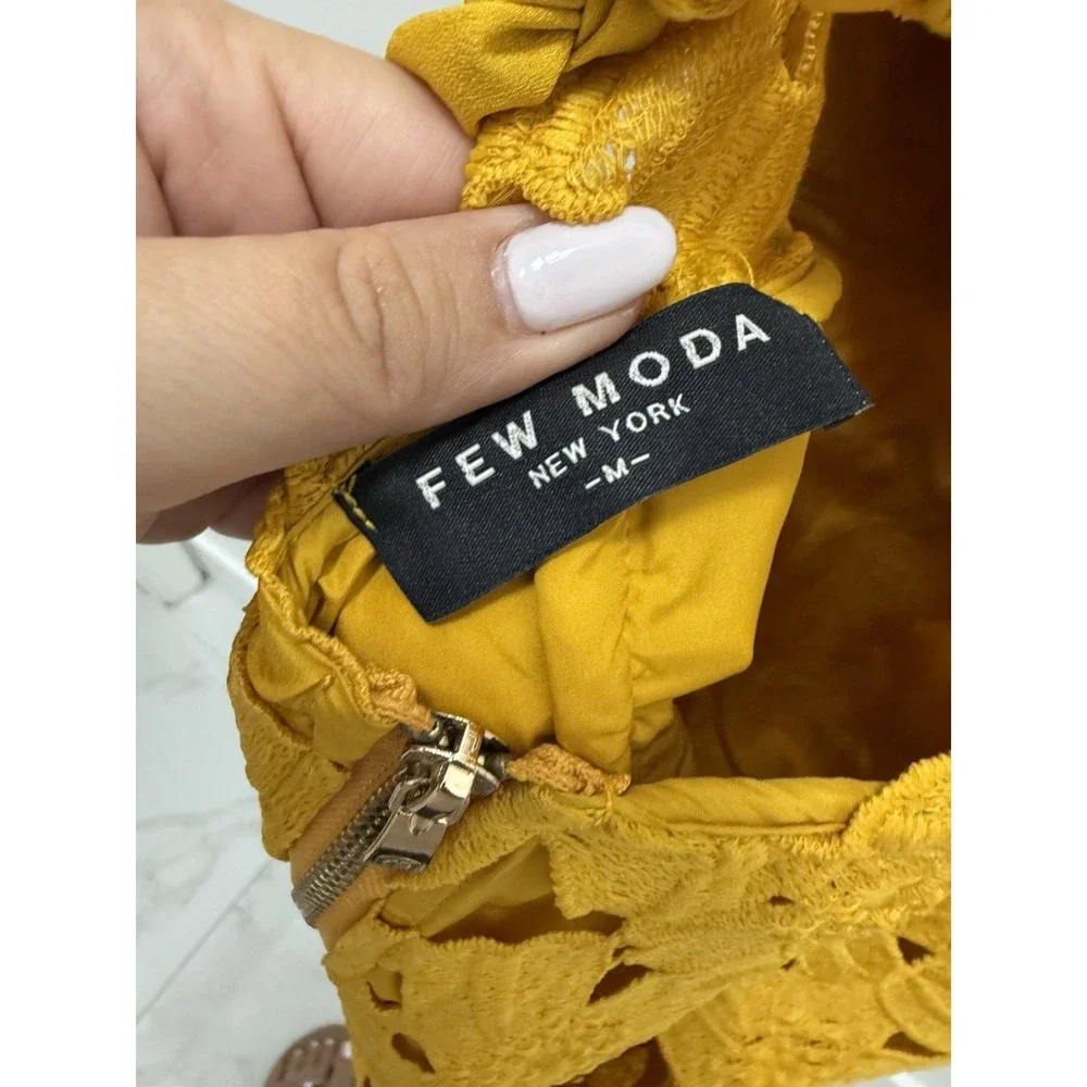 Few Moda Yellow Floral Guipure Lace Mini Dress Size M Off Shoulder Tie Back
